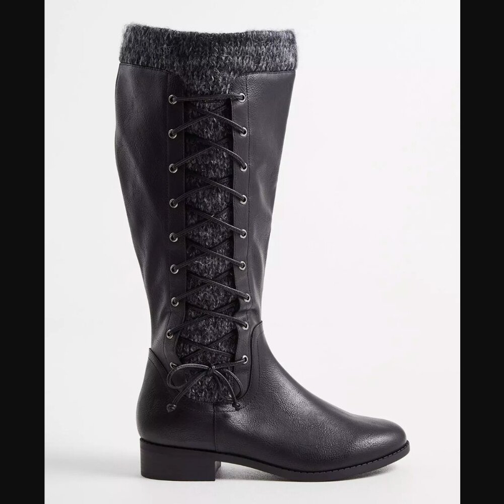 Torrid Knee-High Faux Leather Boots with Sweater Knit Cuffs
